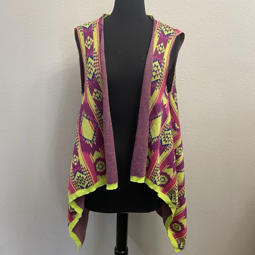 Crazy Train Womens‎ Vest SZ L Shark Tooth Bright Fuchsia & Green Aztec Print NEW